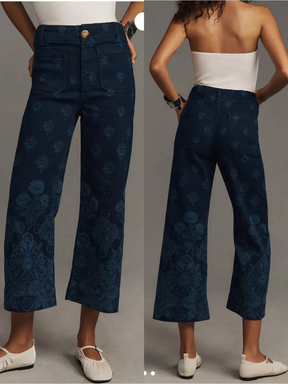 Maeve X Anthropologie The Colette Cropped Wide-Leg Jeans Denim Floral Print